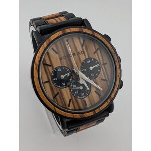 Bobo Bird Wood Chronograph Watch Men 44mm Case Black 7.75" Band- New Battery